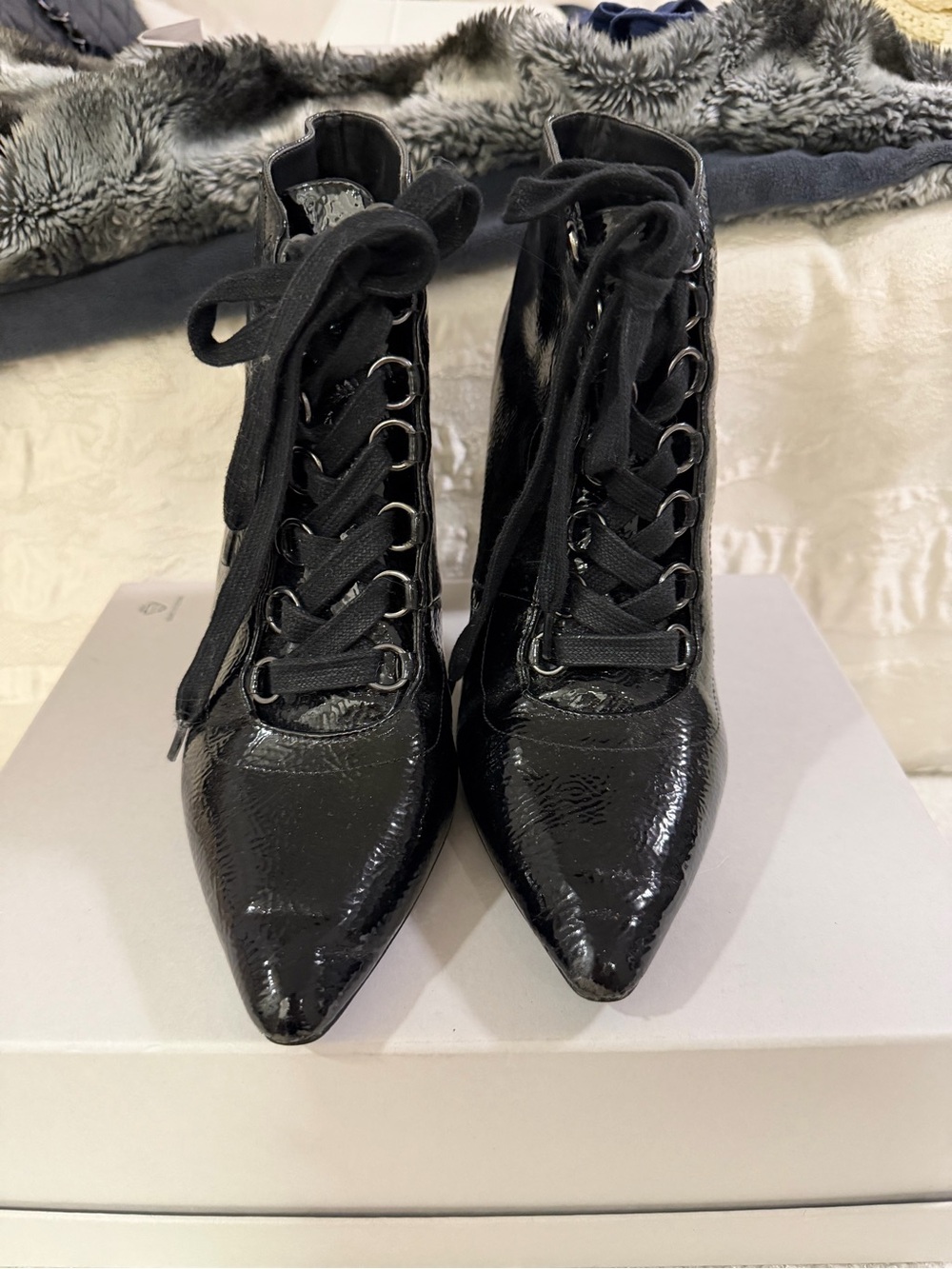 Zara Black Crinkle Patent Lace-Up Pointed Toe Ankle Boots - Sz 10